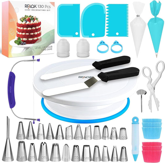 130Pcs Cake Decorating Supplies Kit - Non Slip Cake Turntable with 24 Numbered Icing Tips -Straight & Angled Spatula-3 Cake Scrapers- 40 Cupcake Liners, Ebook & Baking Tools