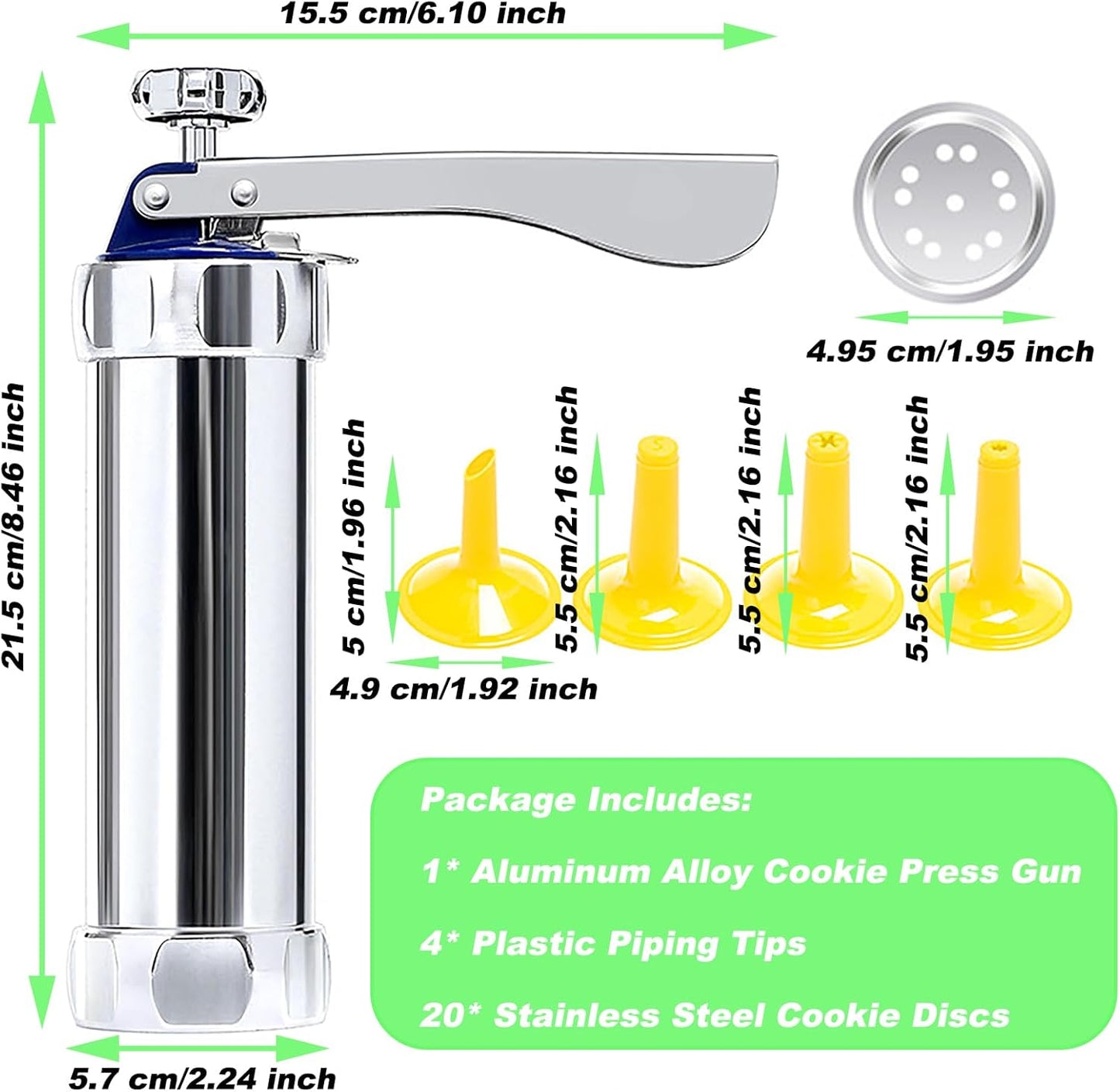 Cookie Press, Cookie Press Gun Aluminum Alloy with 4 Piping Tips and 20 Cookie Discs, Cookie Maker Machine, Cookie Press Baking