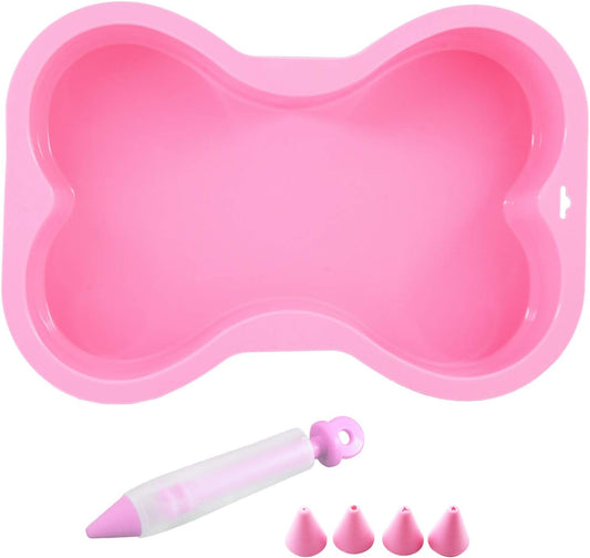 Dog Birthday Cake Mold Silicone Bone Shape Cake Pan with Decorating Pen (Pink)