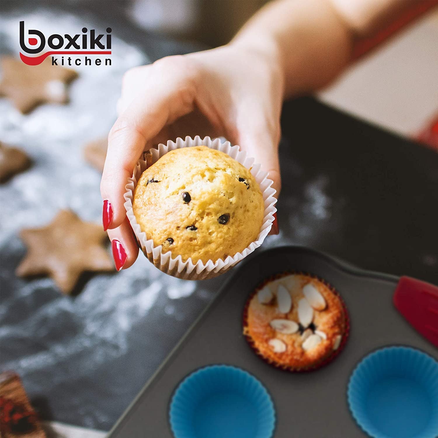 Non-Stick Steel 6 Cup Muffin Pan with Silicone Handles and Reusable Liners - Perfect for Baking Large Muffins and Cupcakes