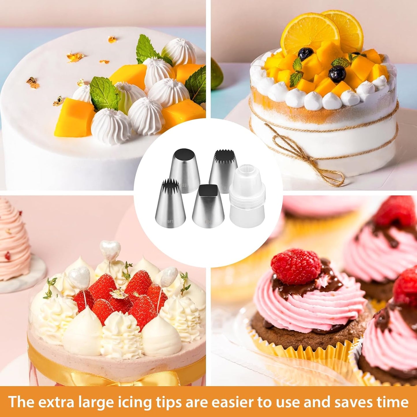 Extra Large Piping Tips, 4 Pcs Stainless Steel Frosting Tips Set with Adapter, Square round X-Large Icing Decorating Tips for Pastry Cake and Cupcake