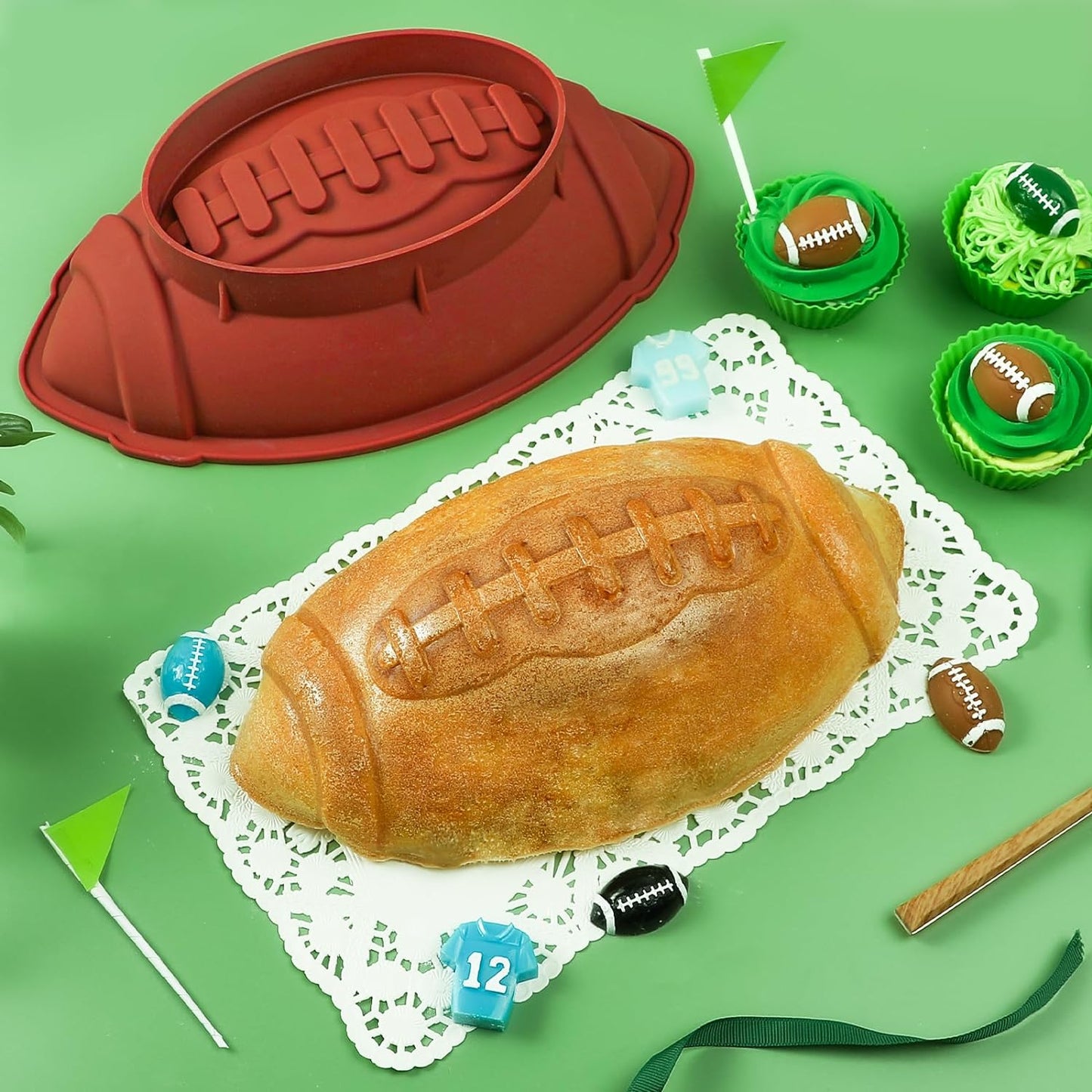 Football Cake Pan 11 Inch Nonstick Football Shaped Silicone Mold for Baking, 3D Breakable Chocolate Mold, Sports-Themed Party