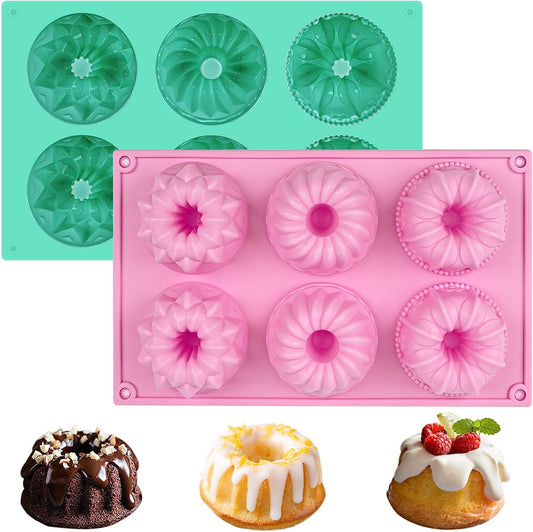 2 Pcs Mini Bundt Cake Pan, 6-Cavity Fluted Tube Cake Pan, Non-Stick Silicone Baking Mold for Cupcakes, Donuts, Cornbread, Brownies, Jellies