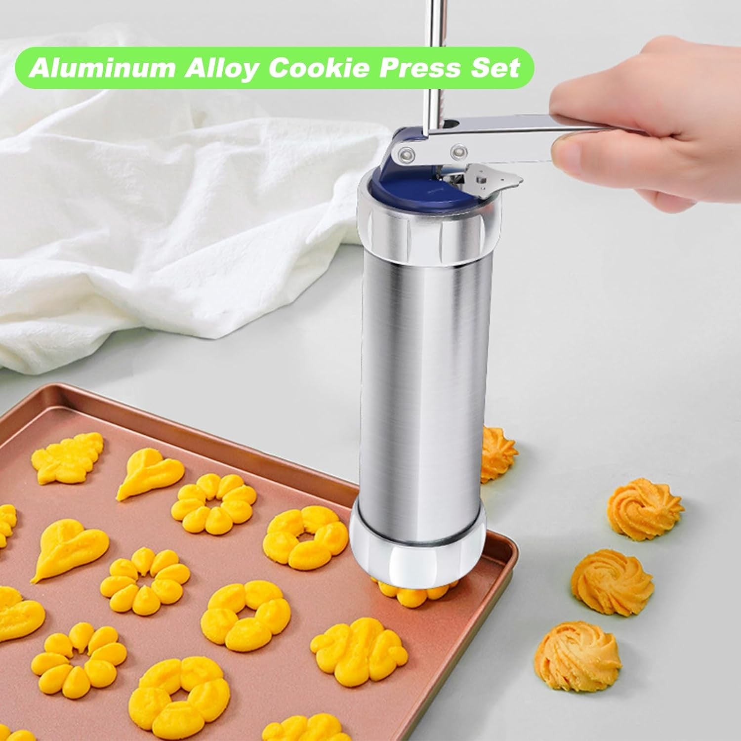 Cookie Press, Cookie Press Gun Aluminum Alloy with 4 Piping Tips and 20 Cookie Discs, Cookie Maker Machine, Cookie Press Baking