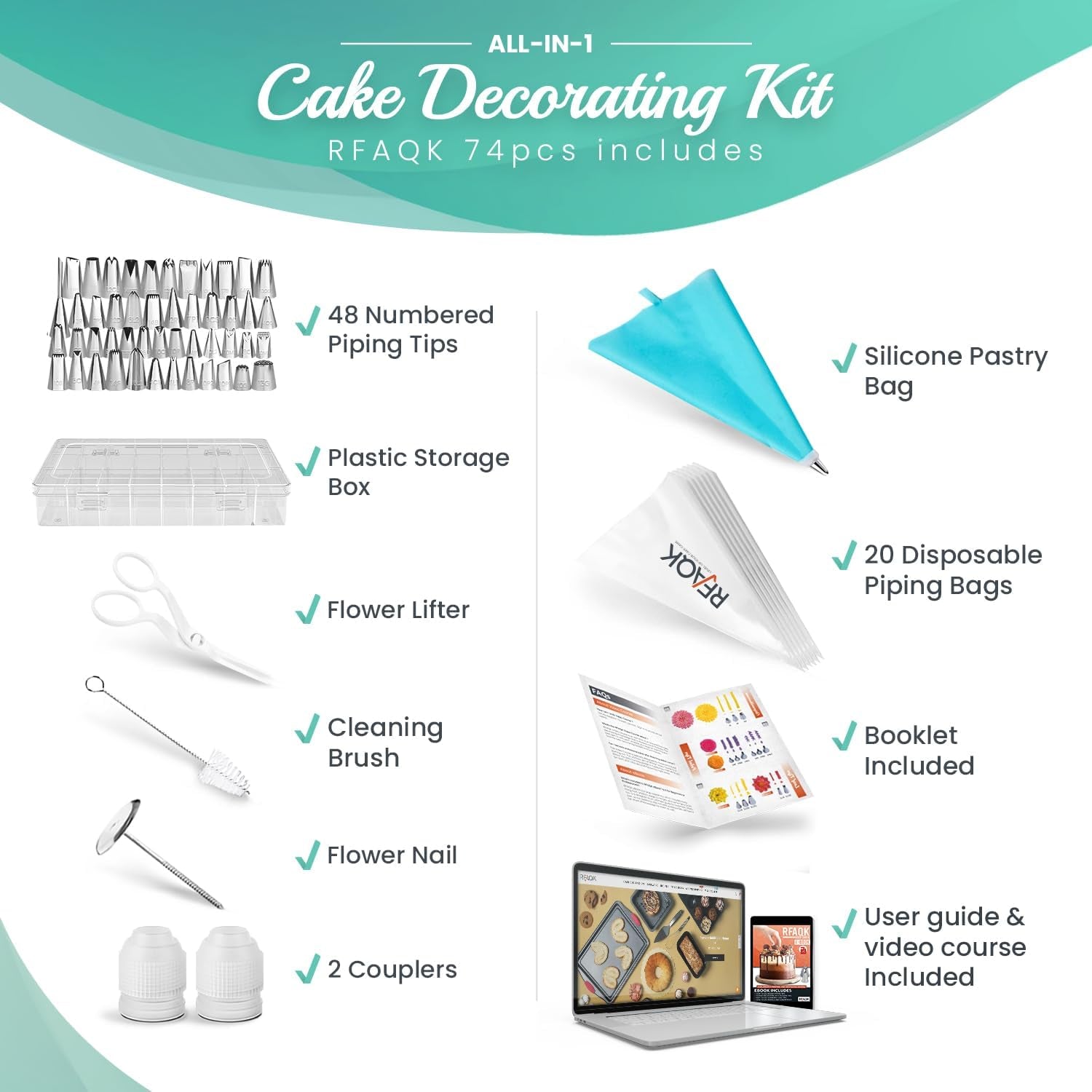 74 Pcs Icing Piping Bags and Tips Set, Cake Decorating Kit with 48-Numbered Piping Tips, 20+1 Pastry Bags for Cookie Cupcake Cake Decoration, Cake Decorating Tips Set with Booklet and E-Book