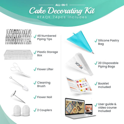 74 Pcs Icing Piping Bags and Tips Set, Cake Decorating Kit with 48-Numbered Piping Tips, 20+1 Pastry Bags for Cookie Cupcake Cake Decoration, Cake Decorating Tips Set with Booklet and E-Book