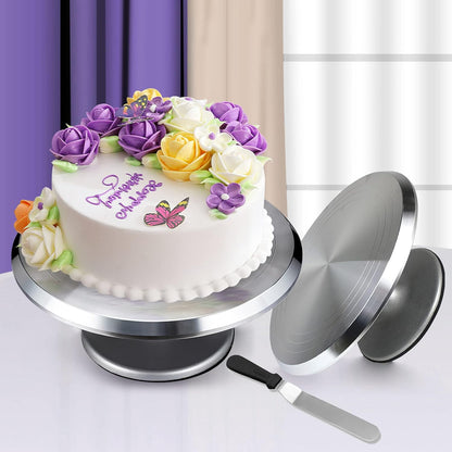 Cake Stand Revolving Cake Turntable -  Heavy Duty Aluminium 12 Inch Cake Decorating Supplies with 1 Icing Spatula and 2 Comb Icing Smoother, Cake Decorating Kit, Rotating Display Stand