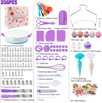 Cake Decorating Supplies Kit Tools 356Pcs,  Baking Accessories with Cake Turntable, Pastry Piping Bag, Piping Icing Tips for Beginners