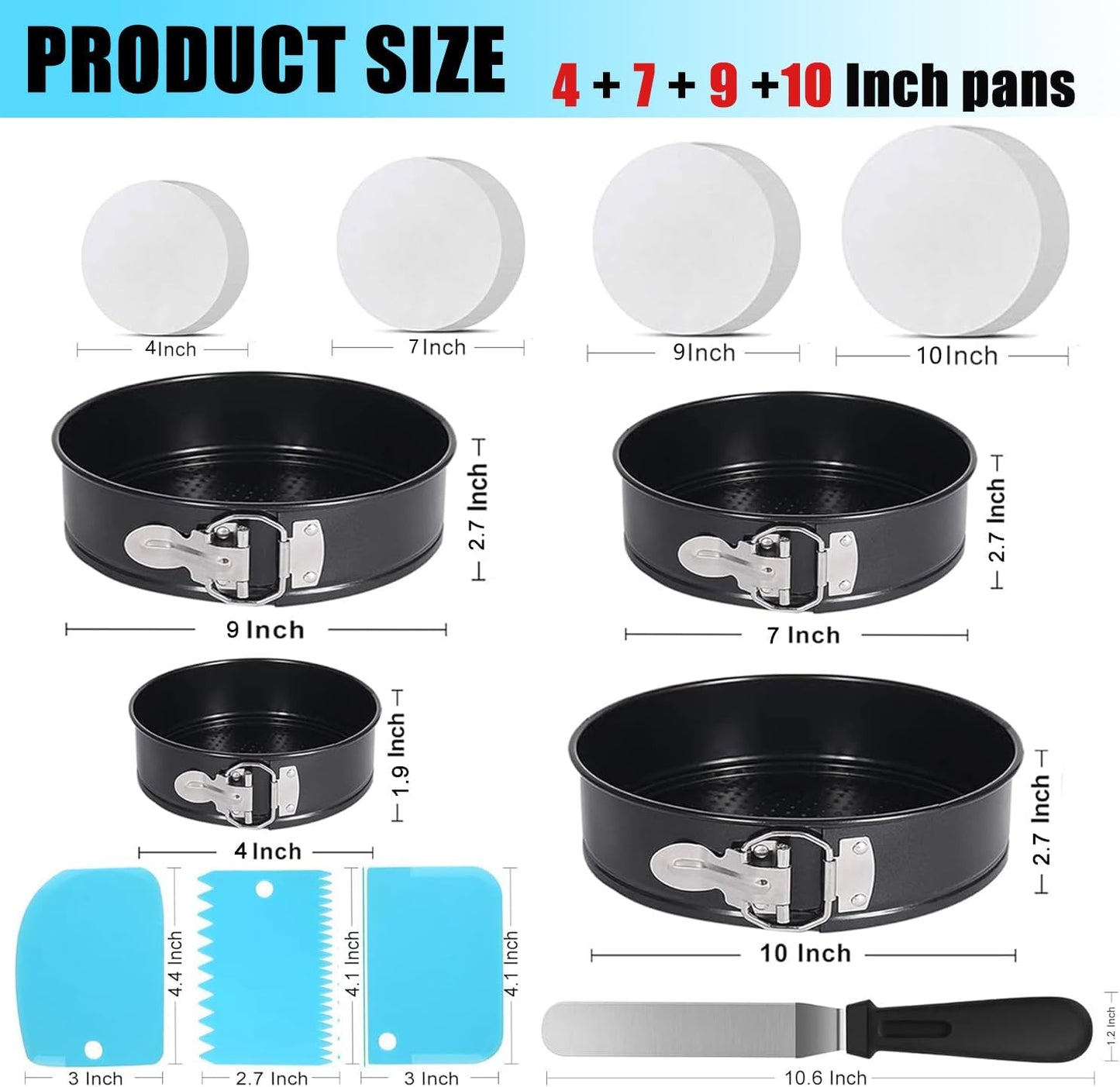 Round Cake Pan Sets for Baking Cake Decorating Supplies: 4 Non-Stick Springform Pans Set (4, 7,9,10 Inches), Icing Tips, Cake Leveler – Multi-Functional Leak-Proof Cheesecake Pan