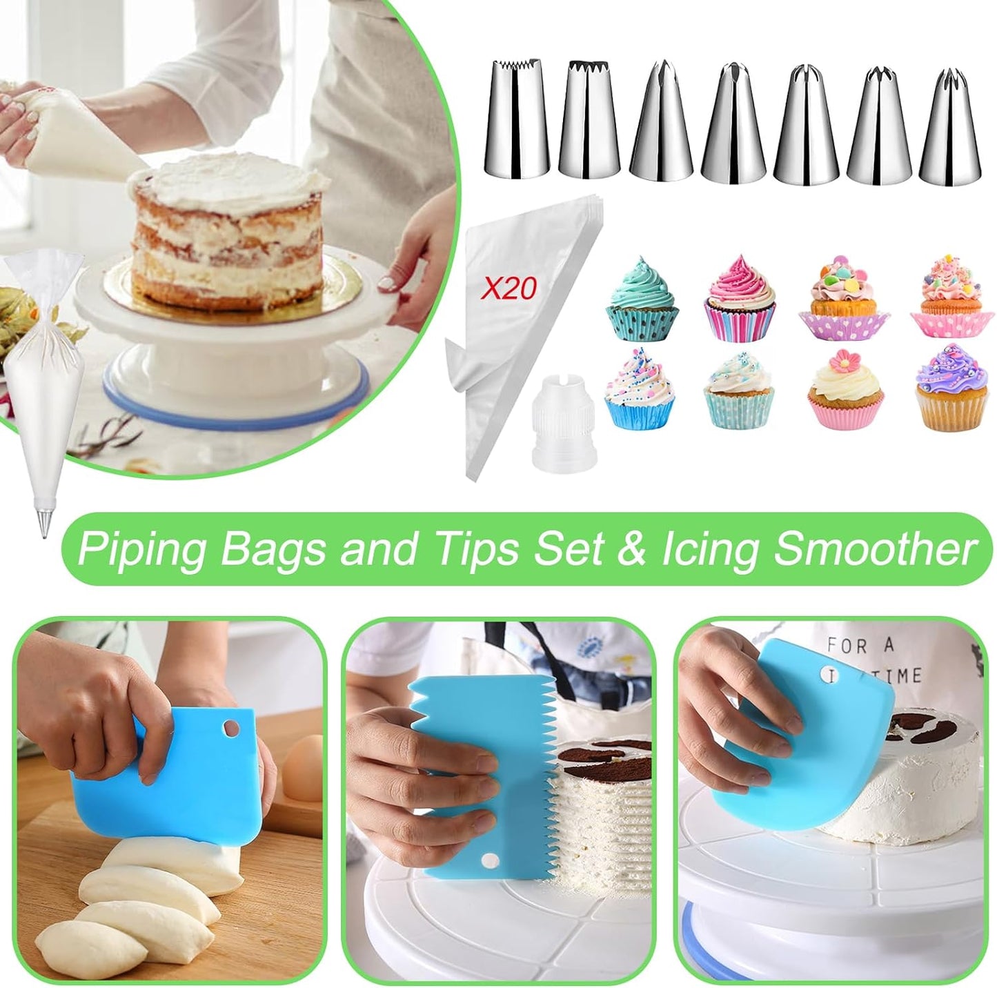 Cake Decorating Kit, Piping Bags and Tips Set with Cake Spinner Stand, Cake Leveler, 7 Piping Tips, Straight & Offset Spatula, 35 Pcs Frosting Piping Kit