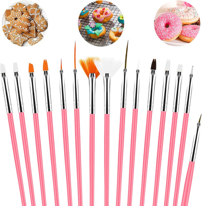 15Pcs Cake Decorating Brushes, Cake Painting Brushes Kit Food Safe Paint Brushes Fondant Sugar DIY Tools Set Cookie Decorating Supplies Candy Icing Pastry Brush for Baking(Pink)