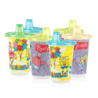 6 Pack Polypropylene Wash or Toss Reusable Cups & Lids with Spout, Nickelodeon Spongebob Squarepants, 10 Oz.