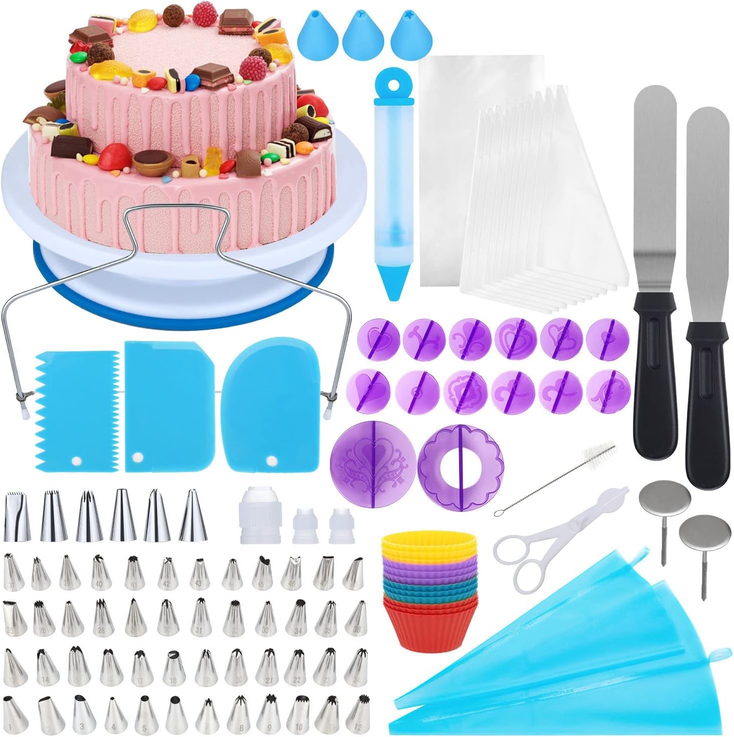 150Pcs Cake Decorating Kit Baking Supplies Tools with Cake Turntable,Cake Pans Set for Beginners and Cake Lovers