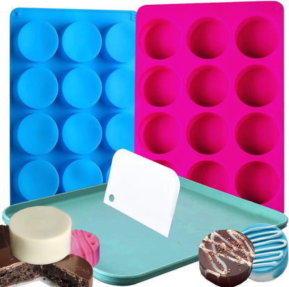 Cake Puck Mold Set, Chocolate Covered Flat Cake Pop Mold, 2 Pack Cake Puck Mold with 1 Tray, 1 Scraper, Silicone Desserts Molds for Candy Mini Cakes Jelly Baking