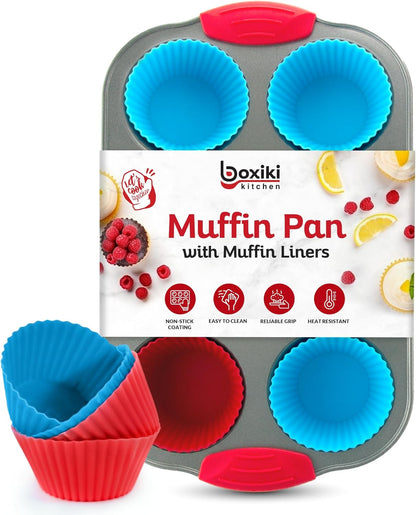 Non-Stick Steel 6 Cup Muffin Pan with Silicone Handles and Reusable Liners - Perfect for Baking Large Muffins and Cupcakes