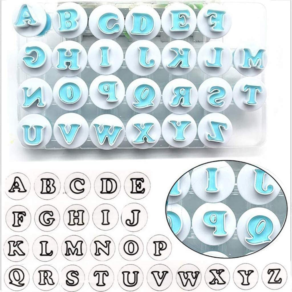 26Pcs/Set Cookie Stamp Impress Cookie Cutters Alphabet Letter and Number Fondant Cake Biscuit Mold Letter Shape DIY Cookie Biscuit Alphabet Letters Cake Tool Embosser Cutter (Upper Case Letter Shape)