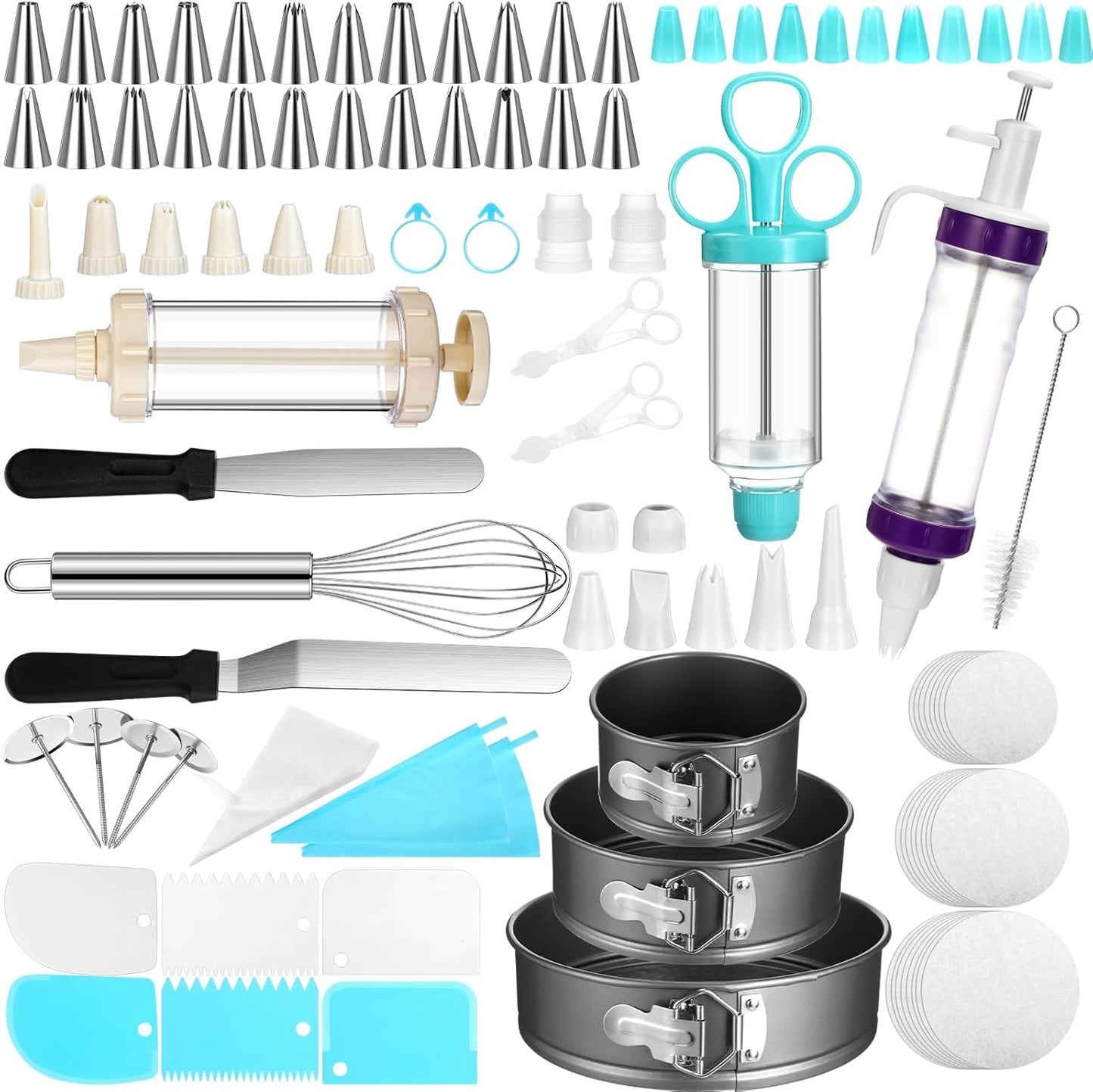 326 Pcs Cake Decorating Tools Kit with 3 Non Stick Cheesecake Pan, 3 Cake Decorating Gun with 24 Heads, 6 Scrapers, 2 Knife, Cake Flower Lifters Set, 100 Piping Bags 150 Paper Liners