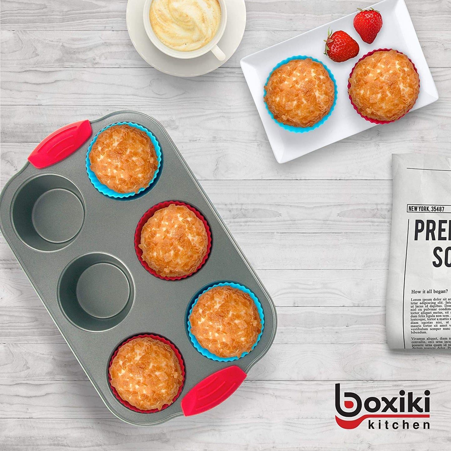 Non-Stick Steel 6 Cup Muffin Pan with Silicone Handles and Reusable Liners - Perfect for Baking Large Muffins and Cupcakes