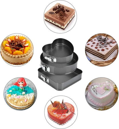 Springform Cake Pan 8"Heart-Shaped & 9"Round &10"Square Pan (3 Shaped of Pans)Sets for Baking,Cake Decorating Supplies,Icing Tips, Piping Bag Couplers