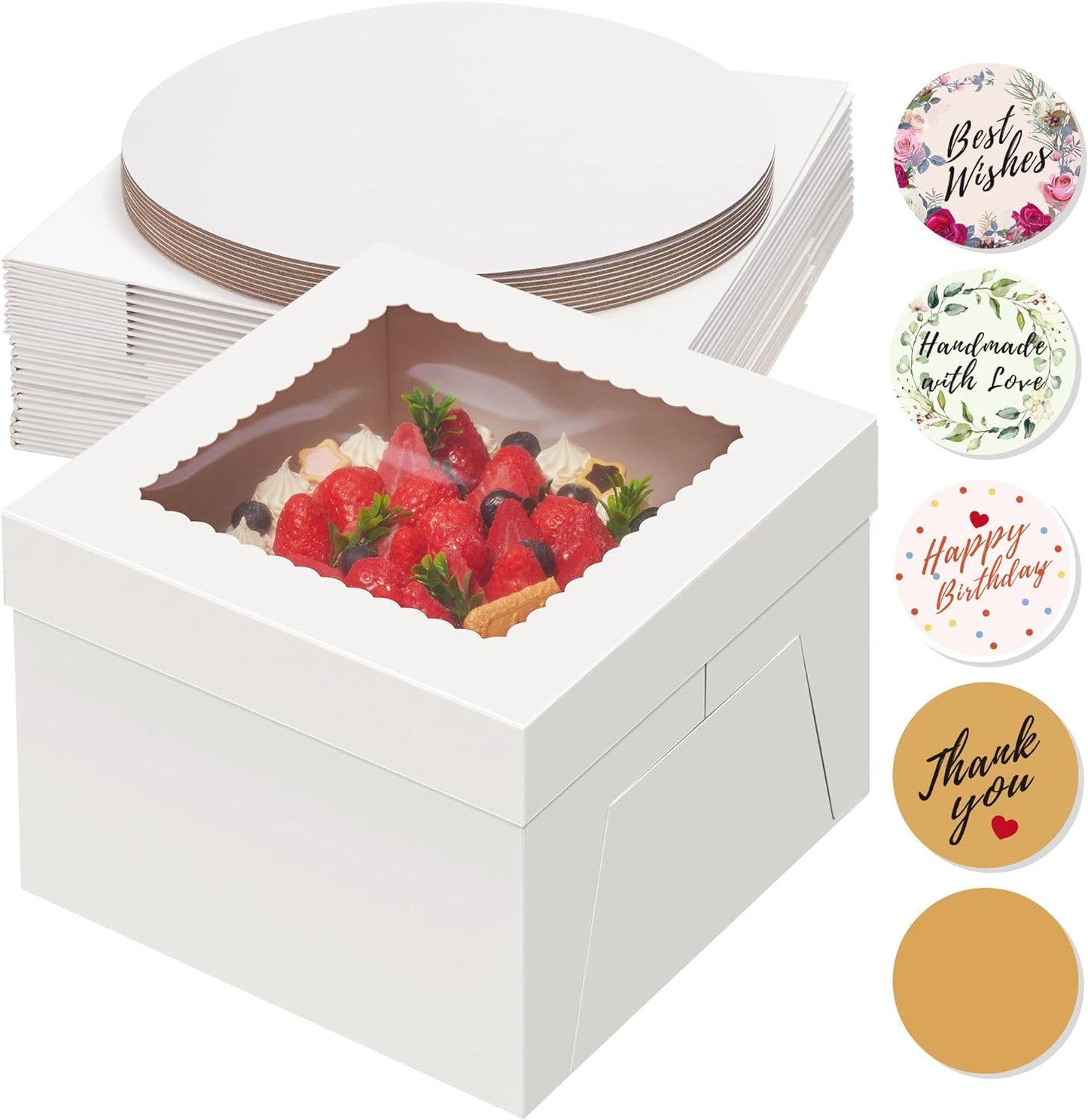 Cake Boxes and Boards Set (10 Boxes & 10 Boards) - 10X10X8 Inches White Bakery Boxes with Window for Multi-Layer Cakes and Cake Decorating