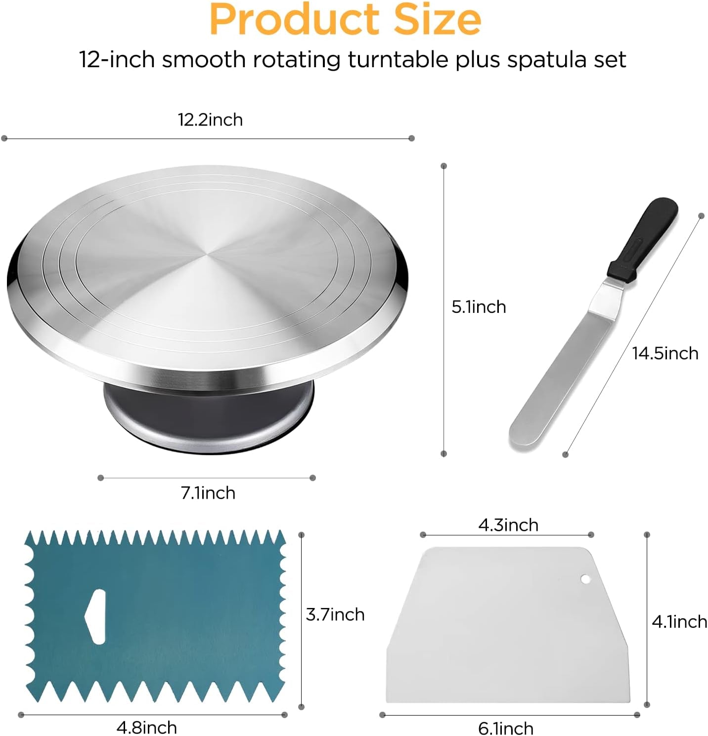 Cake Stand Revolving Cake Turntable -  Heavy Duty Aluminium 12 Inch Cake Decorating Supplies with 1 Icing Spatula and 2 Comb Icing Smoother, Cake Decorating Kit, Rotating Display Stand