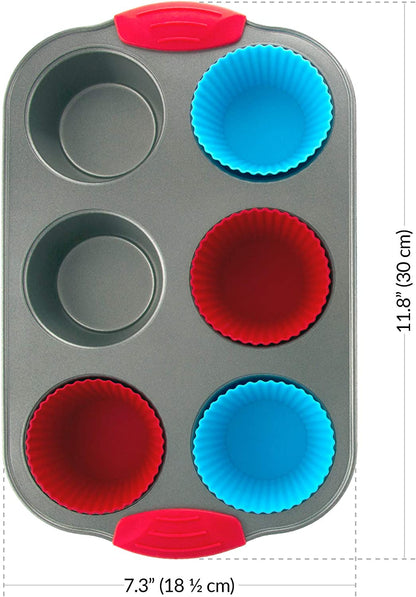 Non-Stick Steel 6 Cup Muffin Pan with Silicone Handles and Reusable Liners - Perfect for Baking Large Muffins and Cupcakes