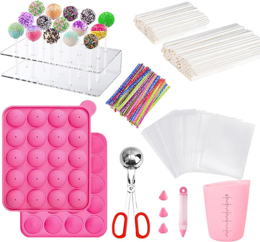 606Pcs Cake Pop Kit,Silicone Lollipop Molds Including Lollipop Sticks,Measuring Cup,Treat Bags,Twist Ties,Decorating Pen,Meat Baller with Handles,Round Mold,Lollipop, Candy,Display Stand Holder(Pink)