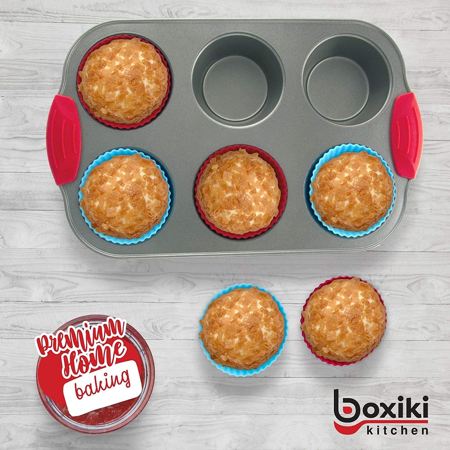 Non-Stick Steel 6 Cup Muffin Pan with Silicone Handles and Reusable Liners - Perfect for Baking Large Muffins and Cupcakes