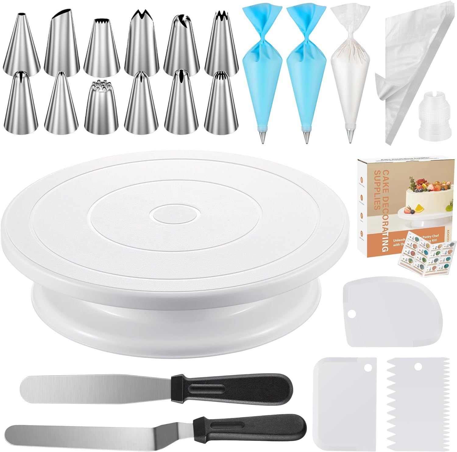 71Pcs Cake Decorating Supplies Kit with Revolving Cake Stand Turntable, 12 Numbered Icing Piping Tips, 2 Spatulas, 3 Icing Comb Scraper, 50+2 Piping Bags, and 1 Coupler for Baking