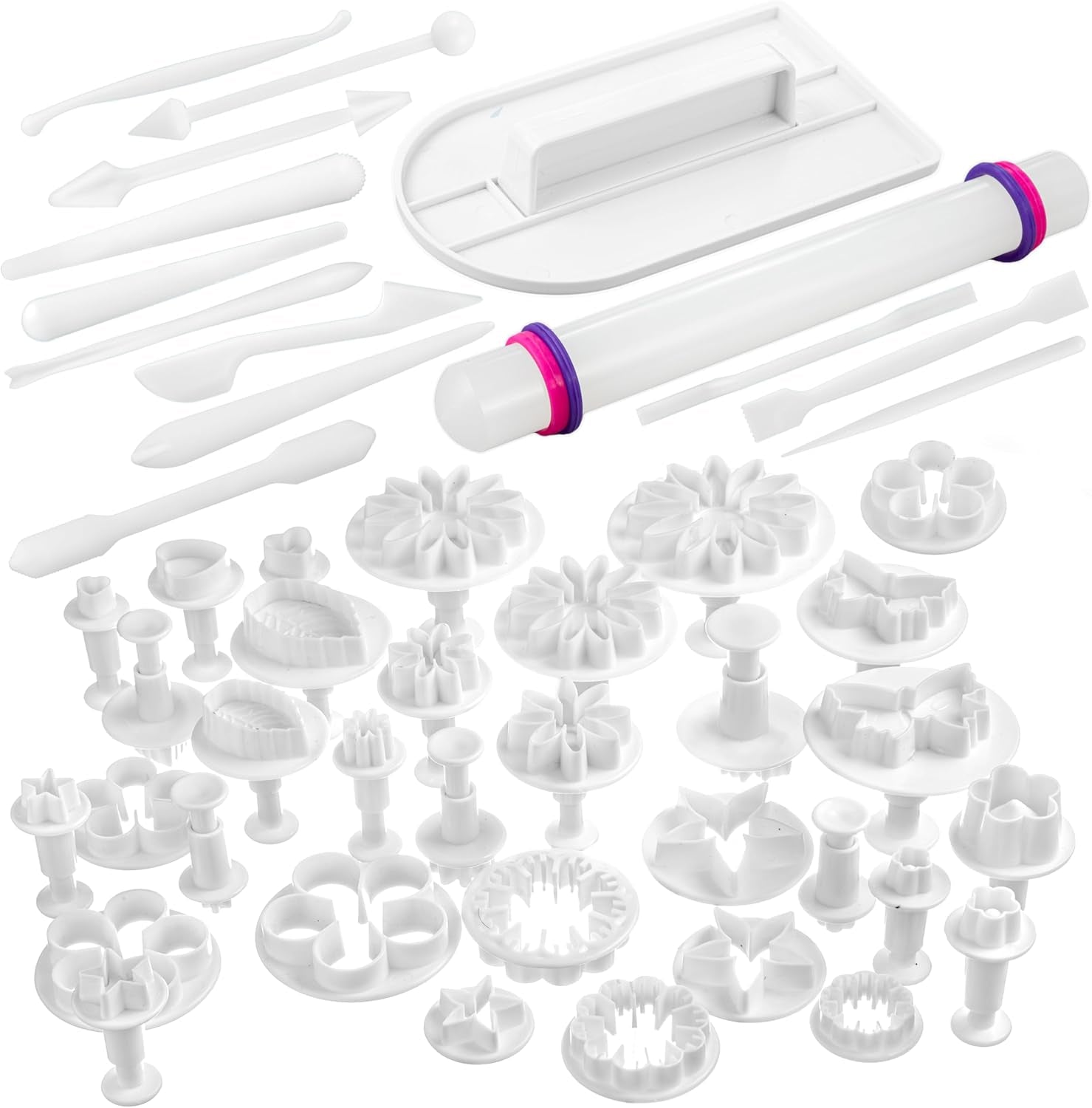 Fondant Tool Set, 47 Pcs Cake Decorating Supply Kit with Rolling Pin for Fondant, Gumpaste, Sugar Paste, Fondant Roller, Smoother, Plunger Cutters Shapes