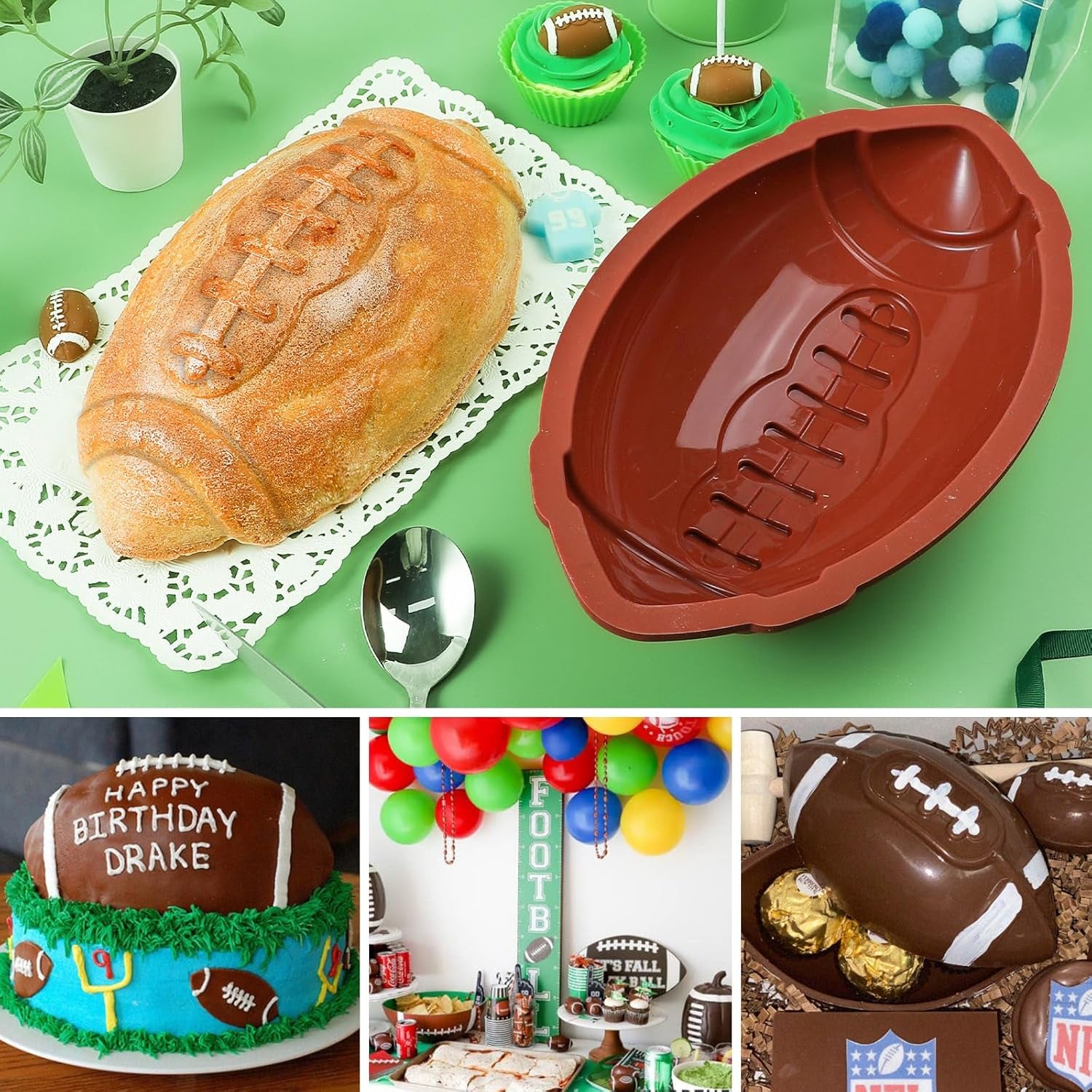 Football Cake Pan 11 Inch Nonstick Football Shaped Silicone Mold for Baking, 3D Breakable Chocolate Mold, Sports-Themed Party