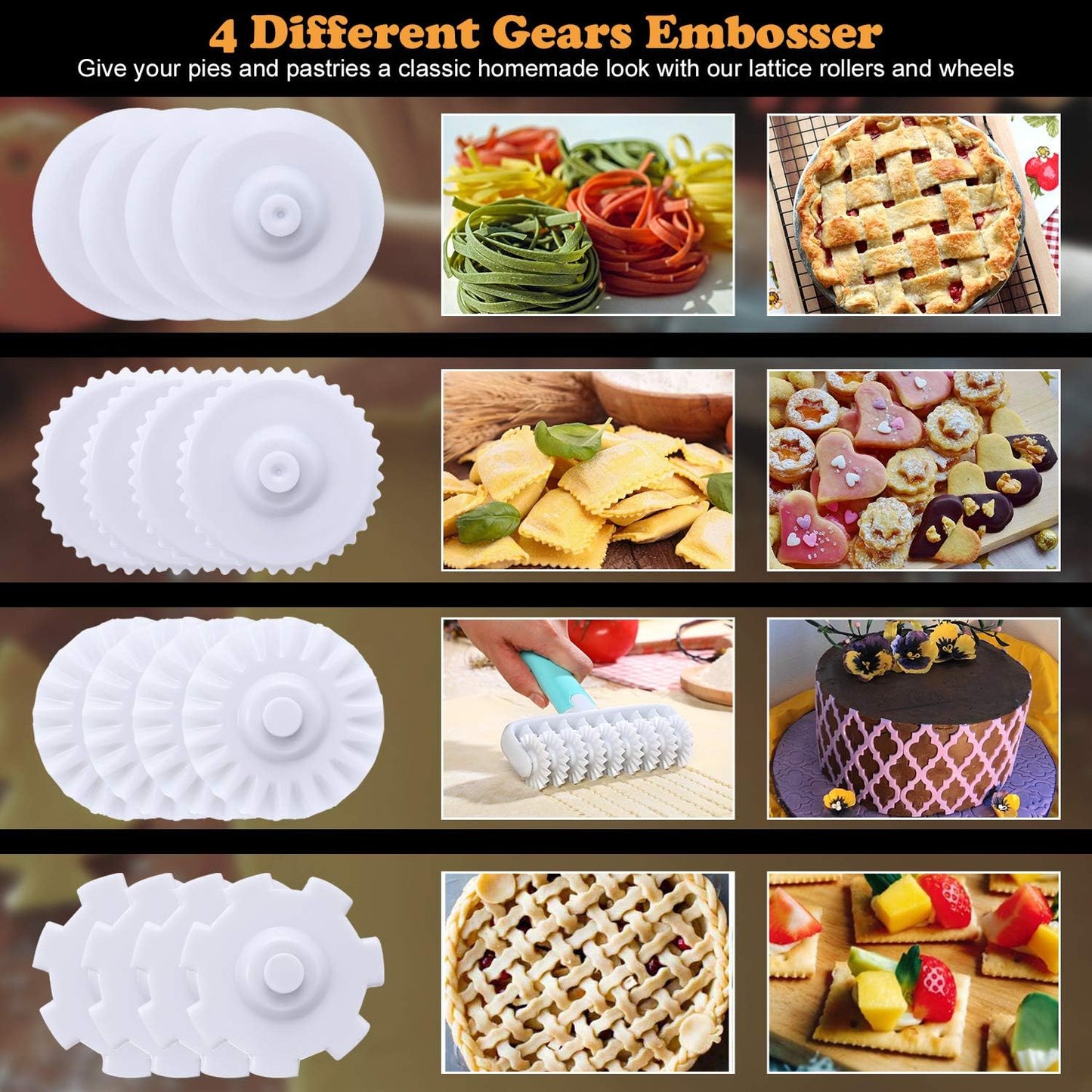 Fondant Ribbon Cutter Wheel Roller Pastry Mold Dough Lattice Cutter 4 Different Gears Embosser Set Noodle Dough Cutter Pastry Tools for Pie Pastry Household Baking