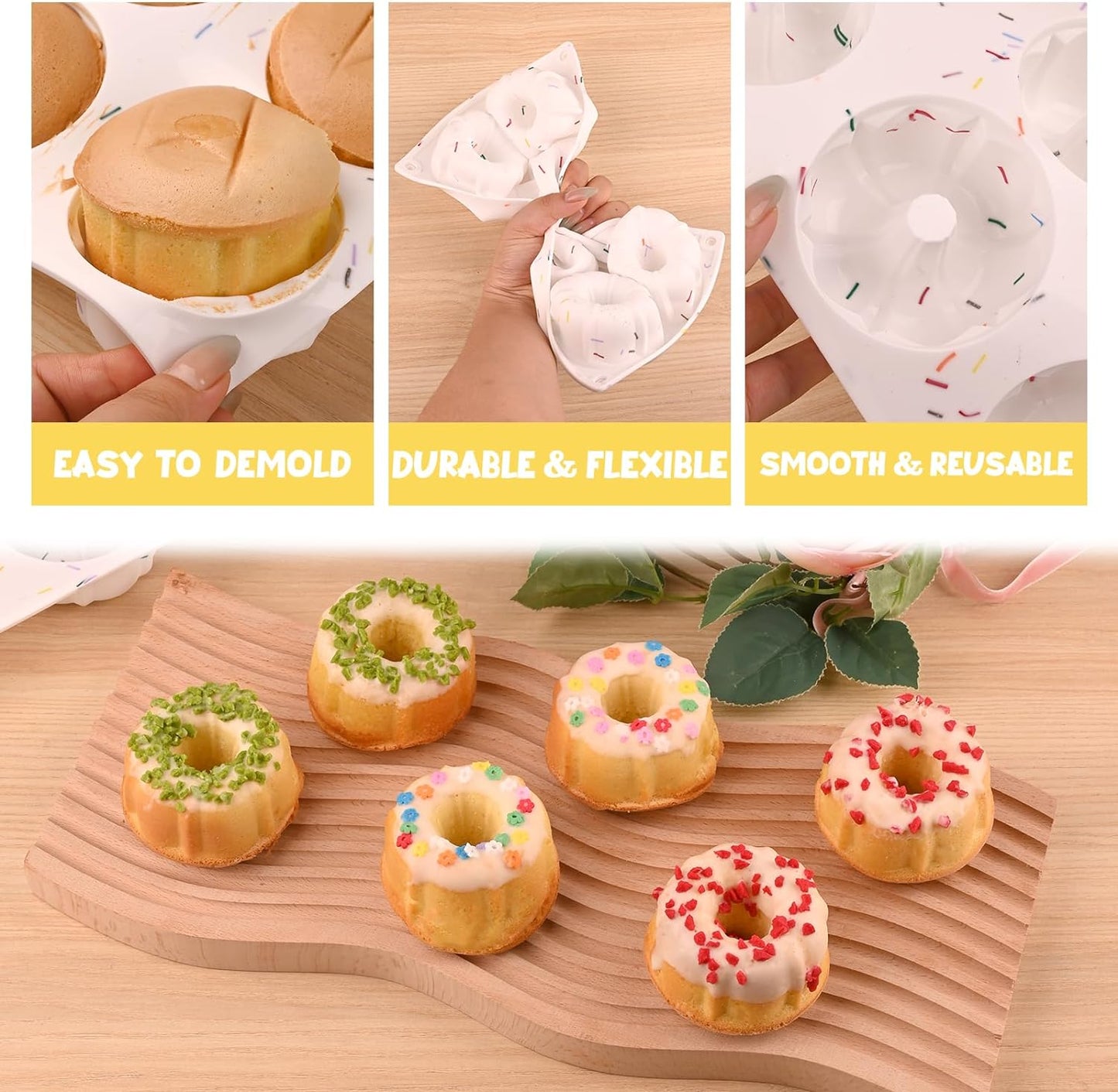 2 Pcs Mini Bundt Cake Pan, 6-Cavity Fluted Tube Cake Pan, Non-Stick Silicone Baking Mold for Cupcakes, Donuts, Muffins, Cornbread, Brownies, Jellies