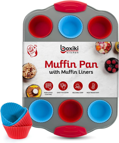 12 Cup Mini Muffin Pan with Silicone Muffin Liners (Set of 12). Professional Cupcake Pan for Baking Muffin Mold, Mini Muffin Tin Non-Stick Steel Bakeware