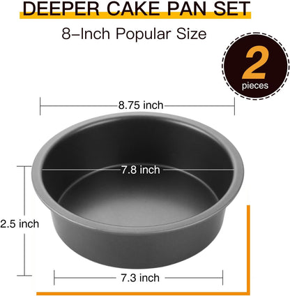 round Cake Pan Set for Baking, 8 Inch, Nonstick Deeper Circle Cake Pans with Wider Grips, 2 Pieces Layer Cake Tin, Cheesecake Mold, Huty Duty, Dishwasher Safe - Grey