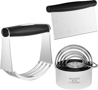 Stainless Steel Biscuit Cutter Set, Pastry Scraper and Dough Blender, Sturdy & Long-Lasting with Ergonomic Rubber Grip, Professional Baking Dough Tools, Gift Package (3 Pcs/Set)