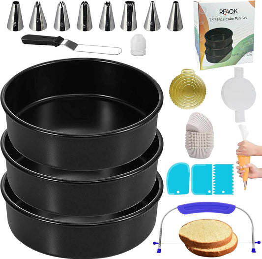 133Pcs round Cake Pans Sets for Baking + Cake Decorating Supplies - 3 Non-Stick 8 Inch Cake Pan with Baking Supplies, Piping Tips, Cake Leveler, Icing Spatula and 35 Parchment Papers with Ebook