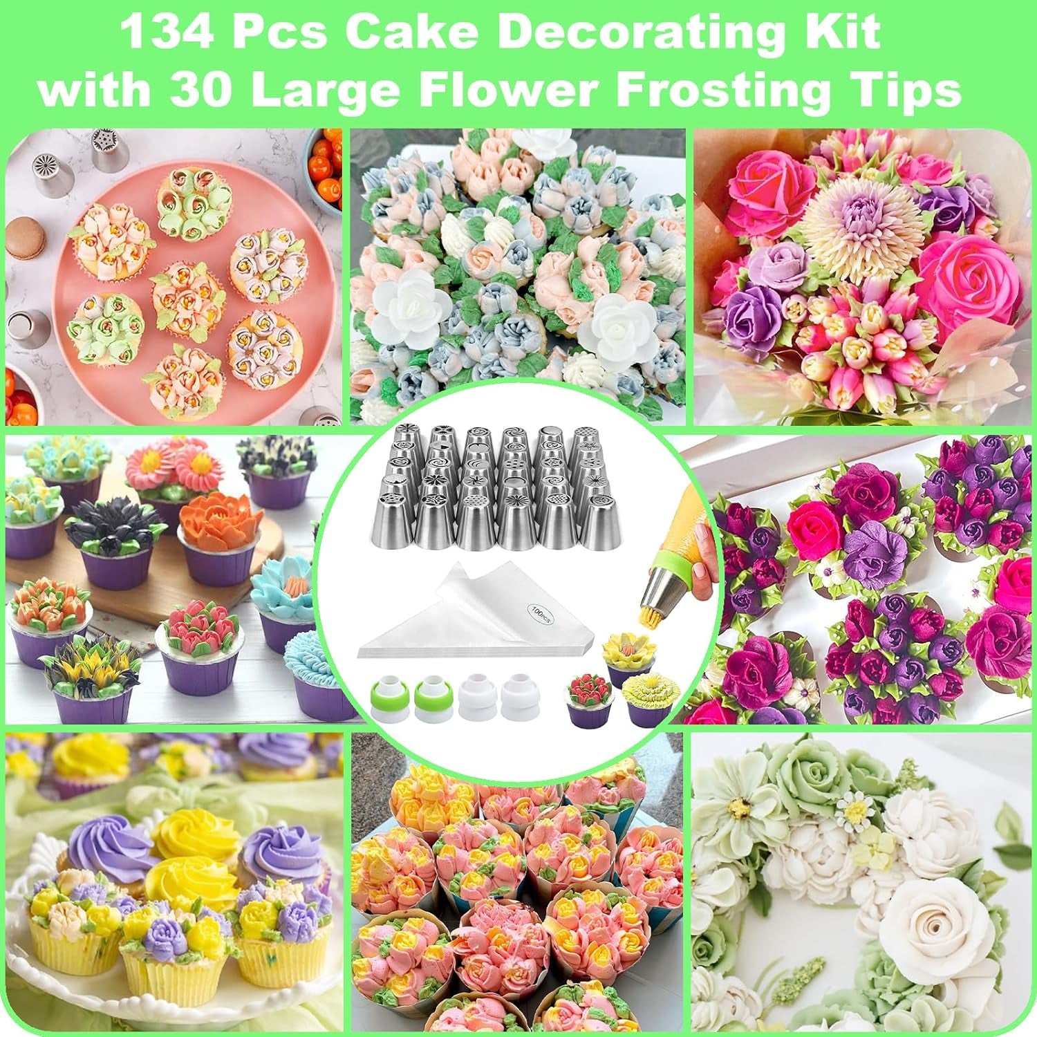 Russian Piping Tips, 134 Pcs Piping Bags and Tips Set, Frosting Piping Kit with 30 Large Piping Tips, 100 Icing Bags and Tips Set, Cake Decorating Kit