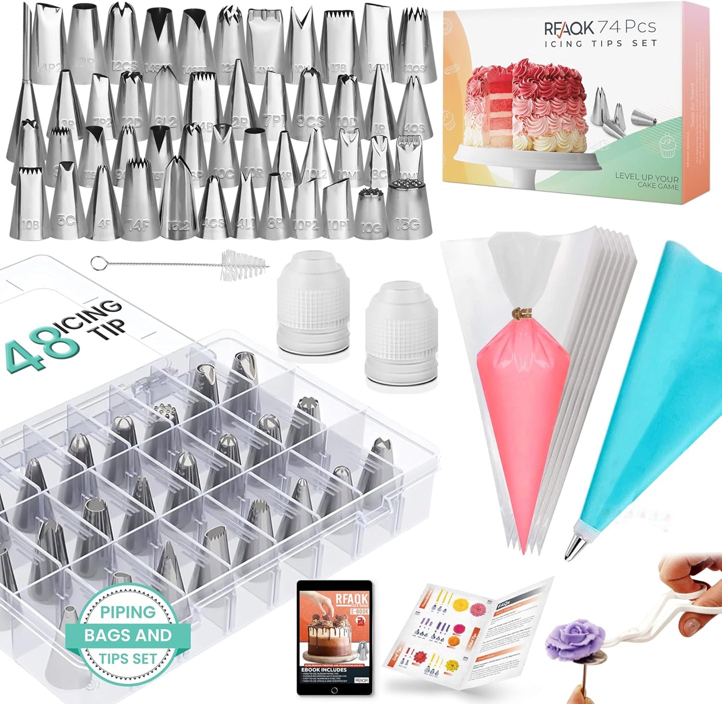 74 Pcs Icing Piping Bags and Tips Set, Cake Decorating Kit with 48-Numbered Piping Tips, 20+1 Pastry Bags for Cookie Cupcake Cake Decoration, Cake Decorating Tips Set with Booklet and E-Book