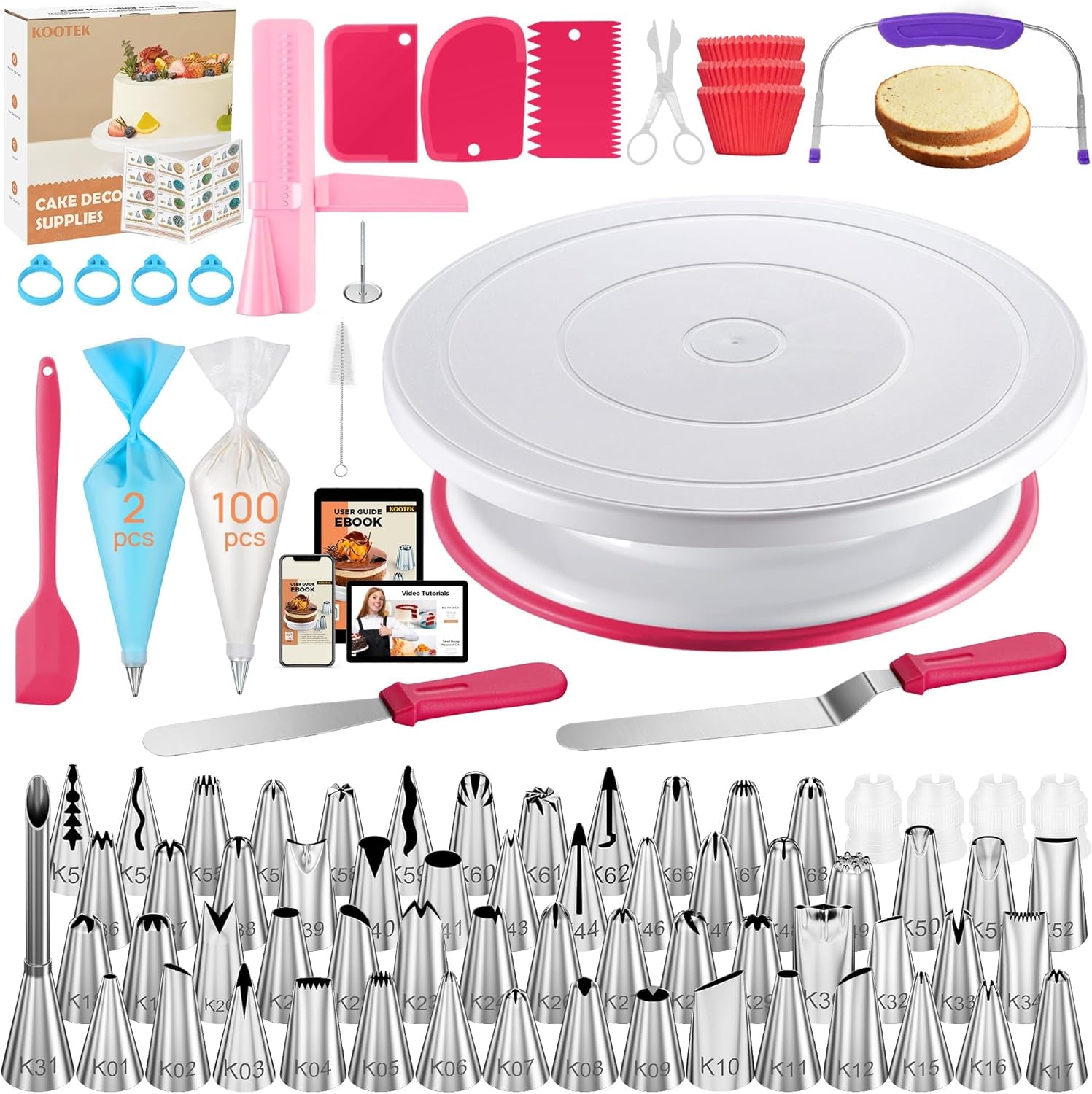 230Pcs Cake Decorating Supplies Kits with Ebook, Cake Turntable, 100+2 Piping Bags, 50 Disposable Cupcake Liners, 58 Icing Piping Tips, 3 Icing Scrapers, 2 Spatulas for Baking (Pink)