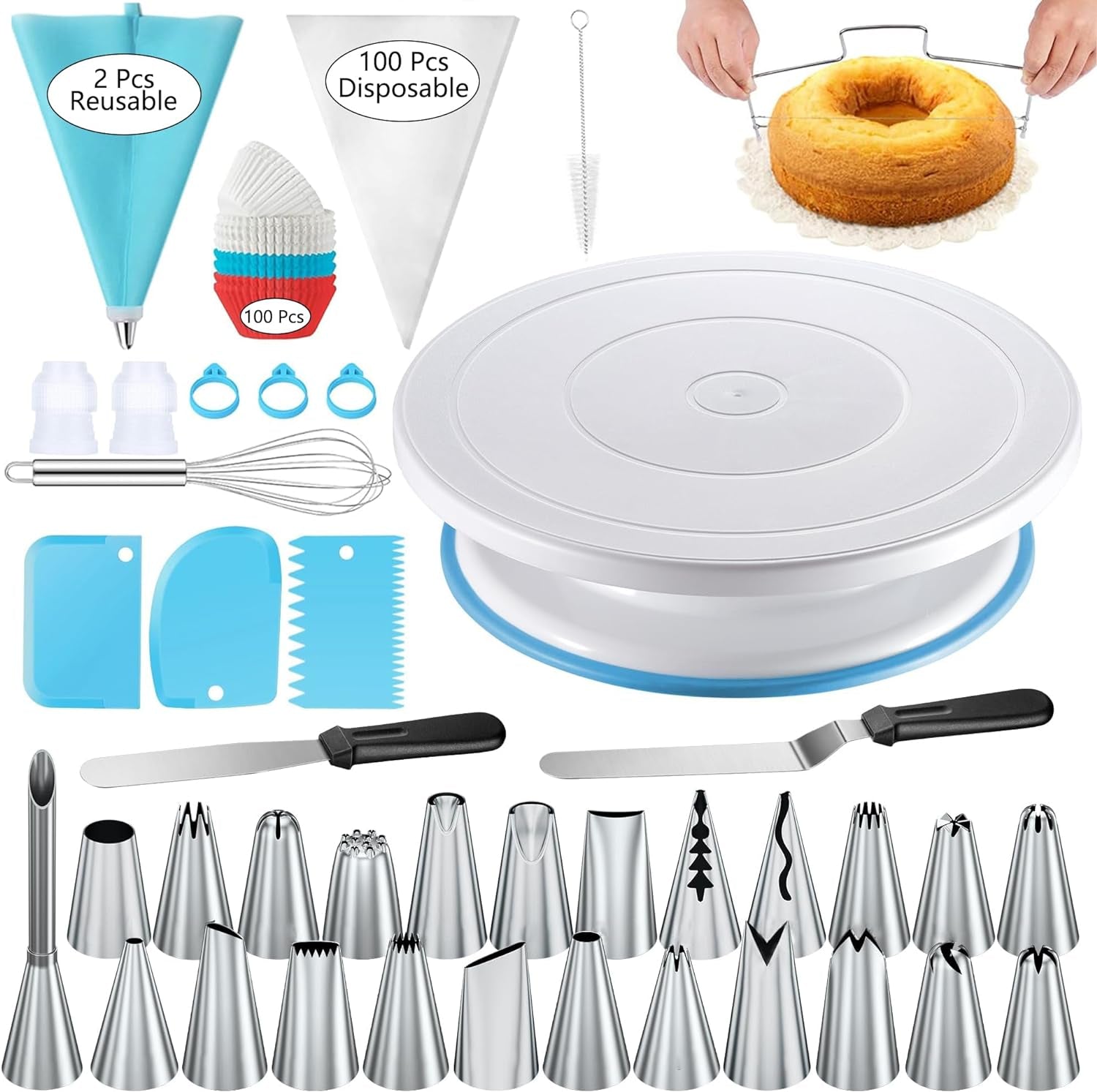 240PCS Cake Decorating Supplies Kits Cake Turntable, 100 Piping Bags 100 Disposable Cupcake Liners 24 Icing Piping Tips 3 Icing Scrapers 2 Spatulas Cake Leveler for Baking