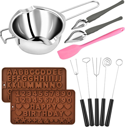 11 Pieces Chocolate Dipping Tool, Stainless Steel Double Boiler Pot Set, Dipping Fork Spoon, Decorating Spoons, Candy Making Supplies for Making Chocolate Cake Candy Dessert