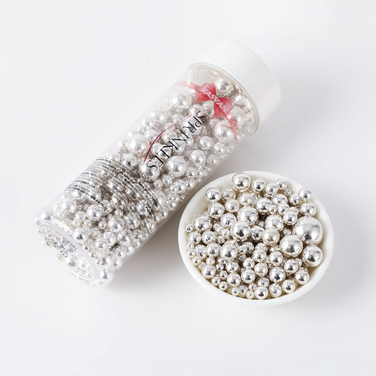 Kasvan Silver Pearl Sugar Sprinkles - Edible Candy Pearls 130g/4.58 Oz, Mix Size, Baking Cake Decorations, Ice Cream Toppings and Cookie Decorating, Wedding Party Chirstmas Supplies