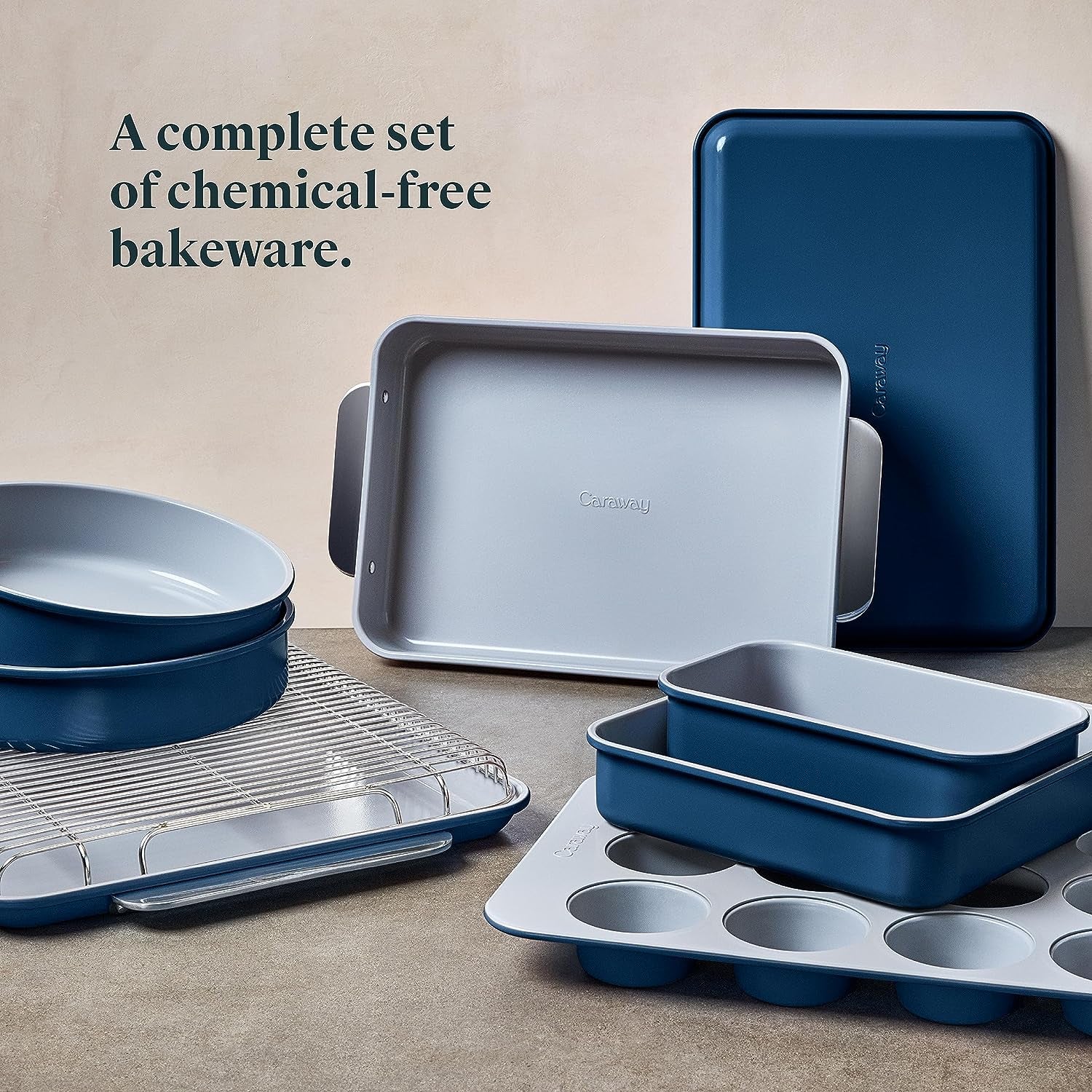 Nonstick Ceramic Bakeware Set (11 Pieces) - Baking Sheets, Assorted Baking Pans, Cooling Rack, & Storage - Aluminized Steel Body - Non Toxic, PTFE & PFOA Free - Navy