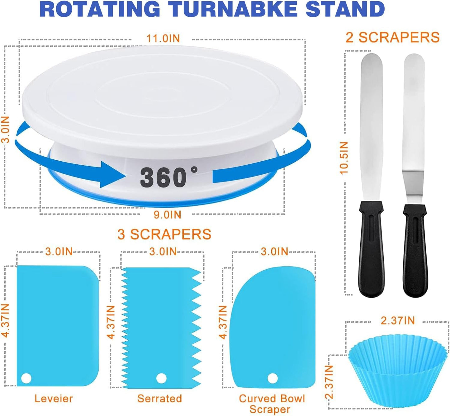 240PCS Cake Decorating Supplies Kits Cake Turntable, 100 Piping Bags 100 Disposable Cupcake Liners 24 Icing Piping Tips 3 Icing Scrapers 2 Spatulas Cake Leveler for Baking