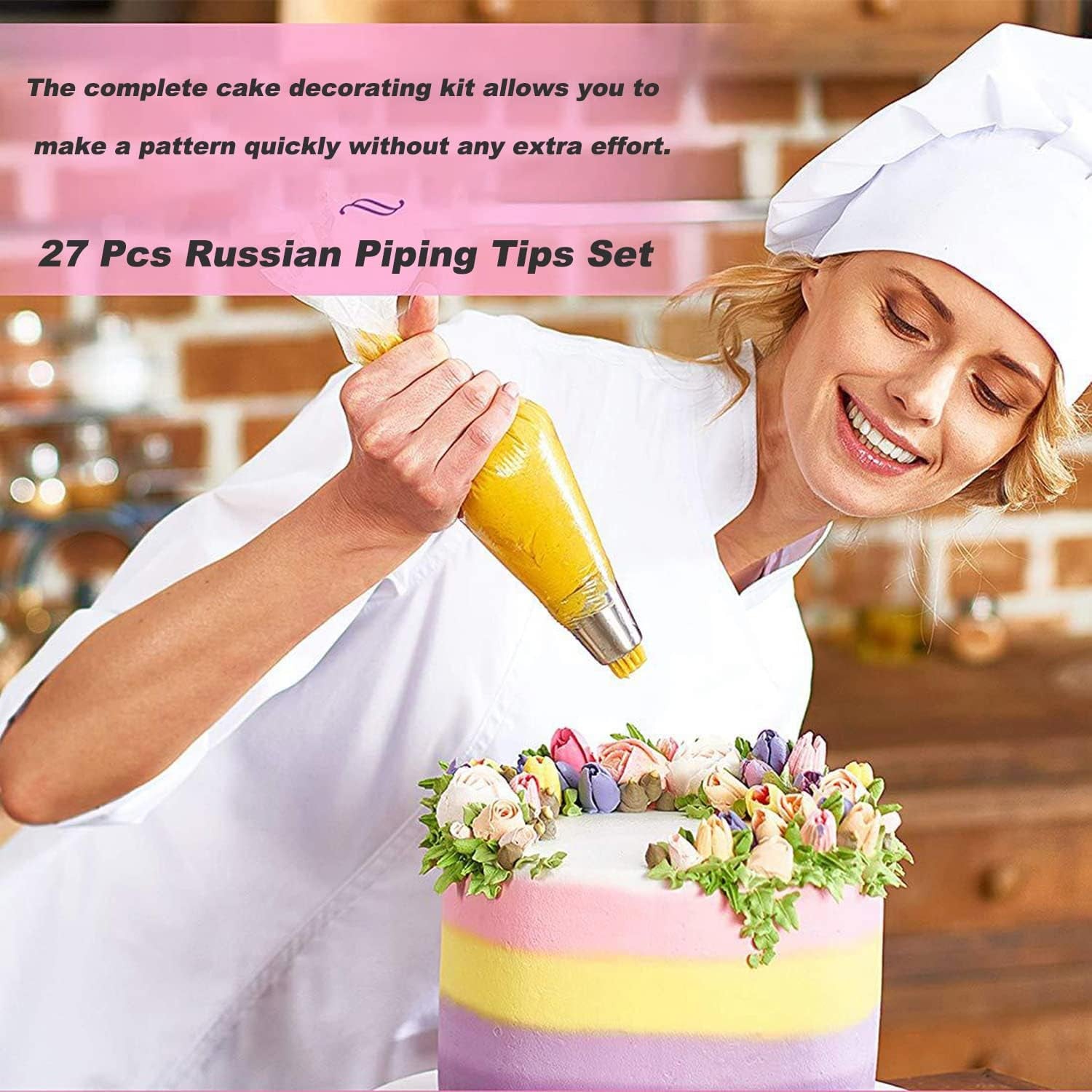 27 Pcs Russian Piping Tips Set, Cake Decorating Tips Baking Supplies for Cupcake Cookies Birthday Party (12 Icing Tips 10 Pastry Baking Bags 2 Leaf Piping Tips 2 Couplers 1 Silicone Bag)