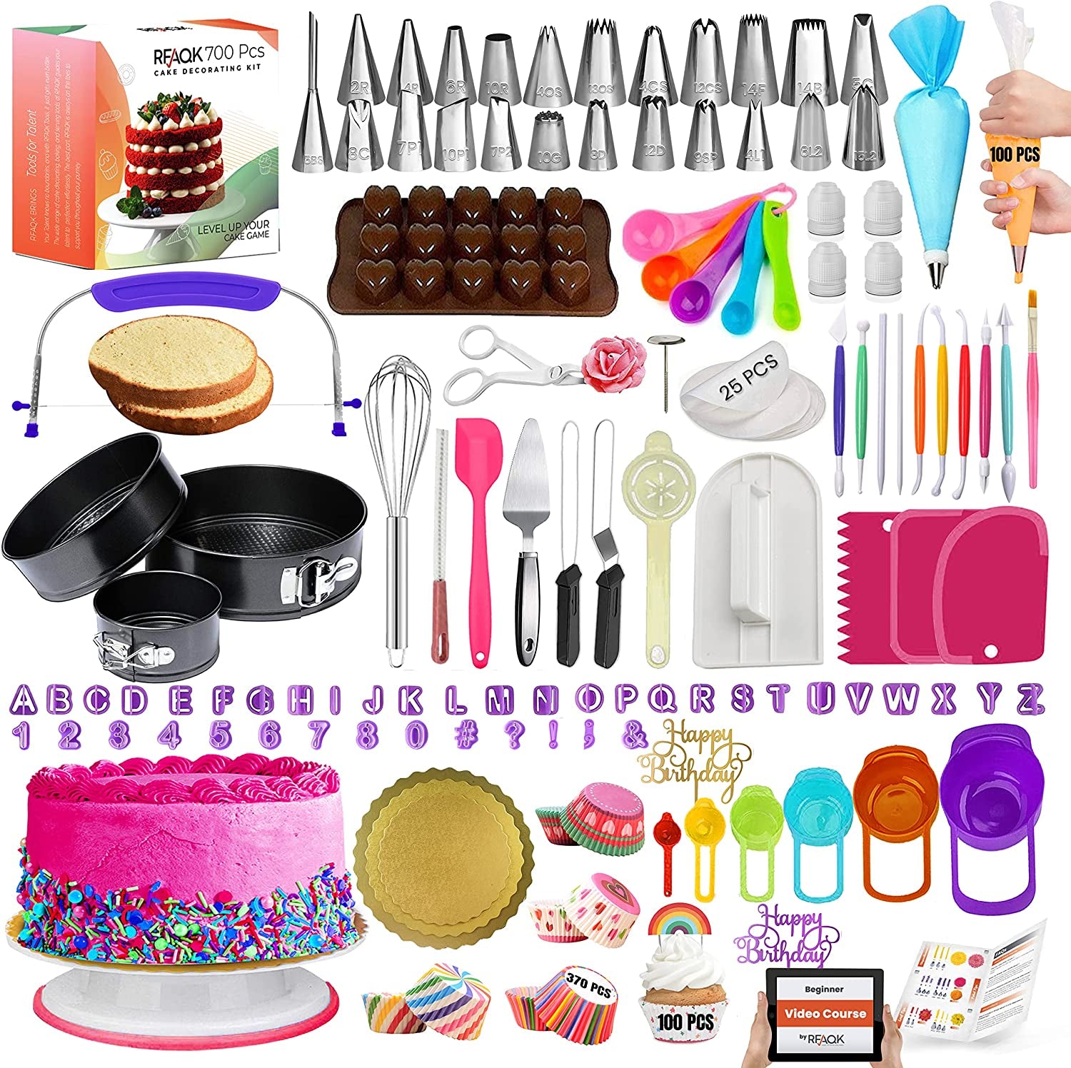 700Pcs Cake Decorating Kit with Baking Supplies- Cake Turntable for Decorating with Baking Pans, Leveler, 24 Numbered Piping Tips, 2 Spatulas, Fondant Tools, Video Course, Pattern Chart & More