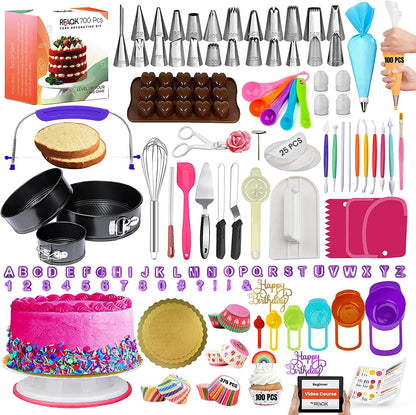 700Pcs Cake Decorating Kit with Baking Supplies- Cake Turntable for Decorating with Baking Pans, Leveler, 24 Numbered Piping Tips, 2 Spatulas, Fondant Tools, Video Course, Pattern Chart & More