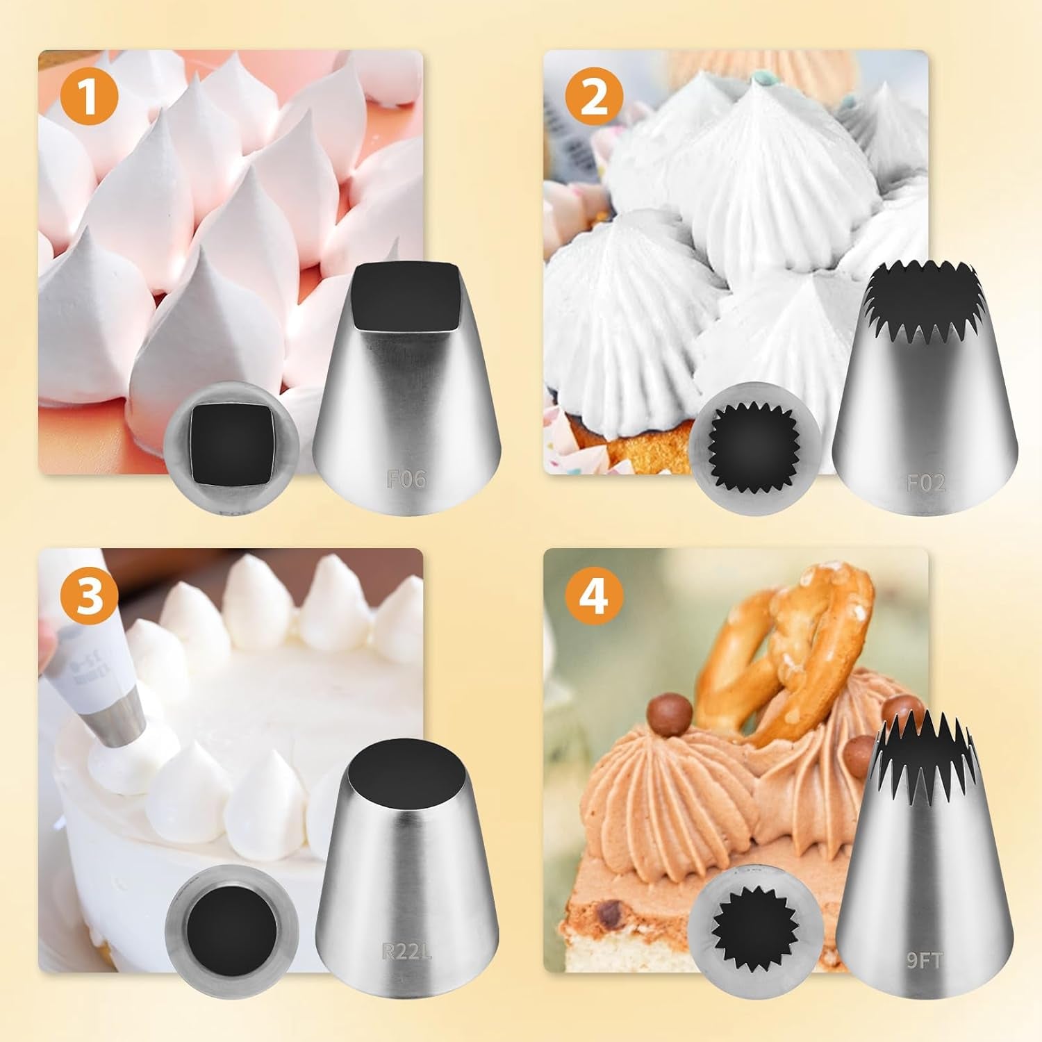 Extra Large Piping Tips, 4 Pcs Stainless Steel Frosting Tips Set with Adapter, Square round X-Large Icing Decorating Tips for Pastry Cake and Cupcake