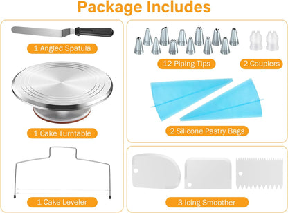 22Pcs Cake Decorating Supplies Kit, Baking Tools with 12" Aluminium Cake Turntable Rotating Cake Stand, Piping Bags and Tips Set, Icing Spatula, Cake Leveler, 3 Icing Scrapers for Mother'S Day